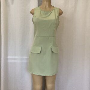 Light Green, Solid Color, Round Neck Sleeveless Mini Dress.